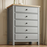 [Grey] Haven 5-drawer tall chest front-on hero shot, oak veneer top with a slim bud vase and a small round white dish