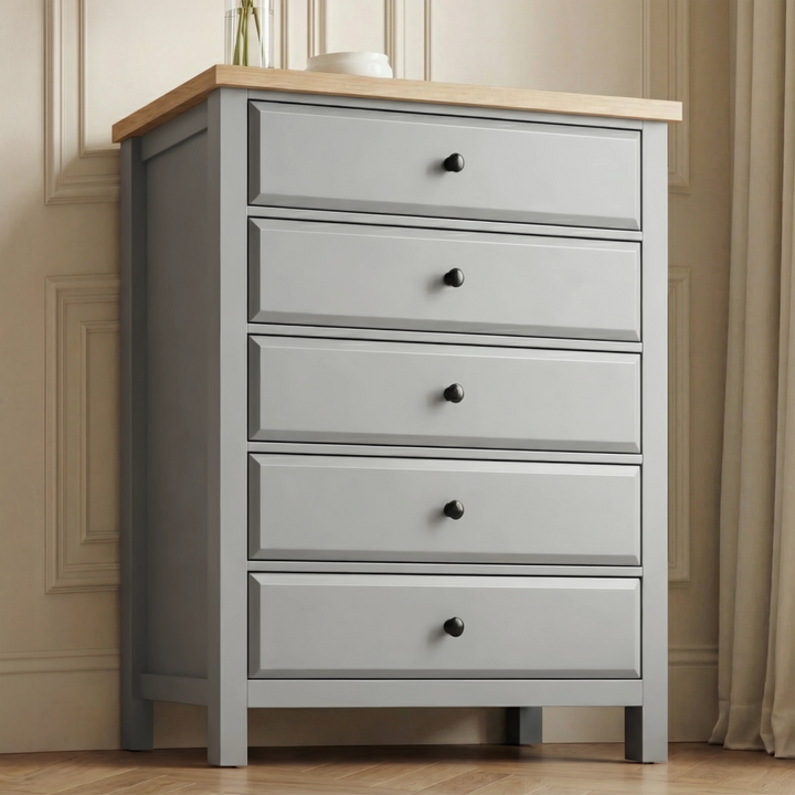 [Grey] Haven 5-drawer tall chest front-on hero shot, oak veneer top with a slim bud vase and a small round white dish