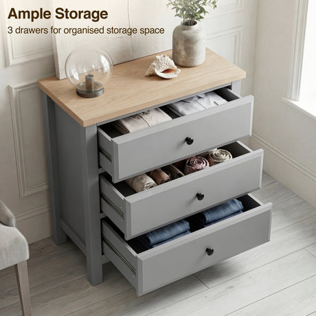 [Grey] Haven 3-drawer chest with all drawers open showing interior depth and ample storage capacity 