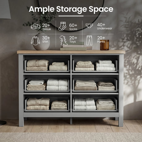 [Grey] Haven chest of drawers lifestyle shot with ample storage space feature graphic and capacity icons overlaid