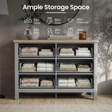 [Grey] Haven chest of drawers lifestyle shot with ample storage space feature graphic and capacity icons overlaid