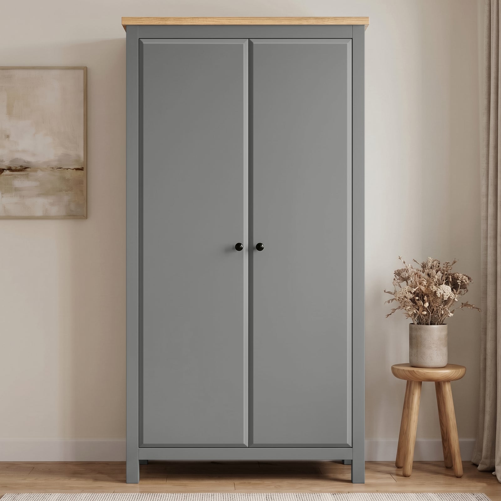 [Grey] Haven Grey 2 Door Double Wardrobe with Shelves and Hanging Rail closed straight-on look next to a wooden stool.