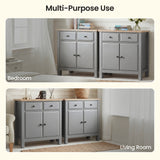[Grey] Haven sideboard lifestyle graphic with bedroom scene above and living room scene below, two cabinets each