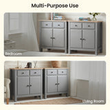 [Grey] Haven sideboard lifestyle graphic with bedroom scene above and living room scene below, two cabinets each