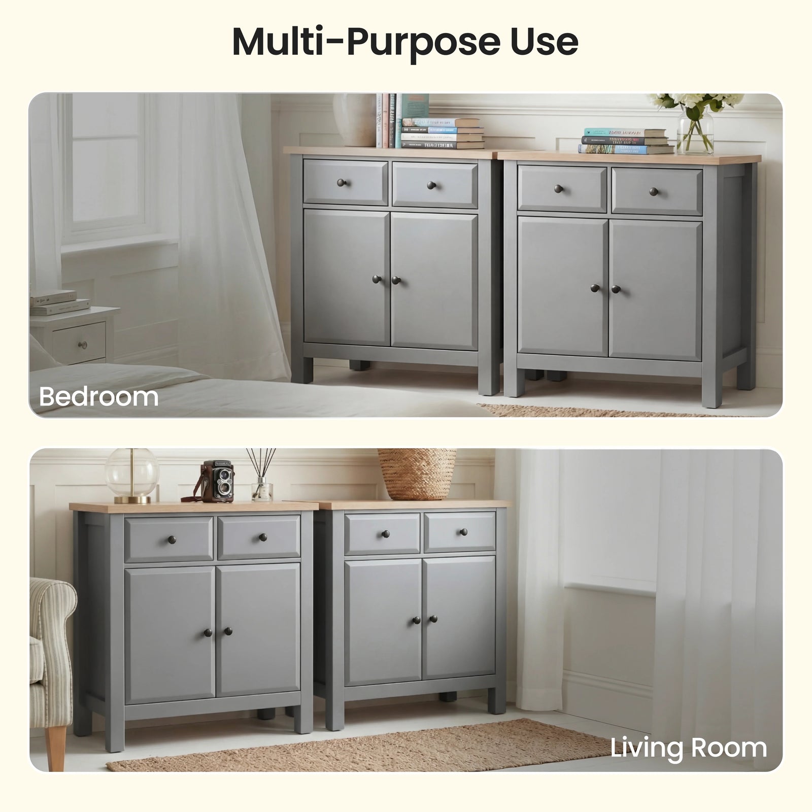 [Grey] Haven sideboard lifestyle graphic with bedroom scene above and living room scene below, two cabinets each