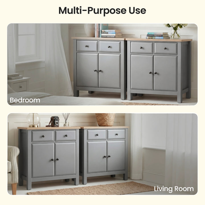 [Grey] Haven sideboard lifestyle graphic with bedroom scene above and living room scene below, two cabinets each