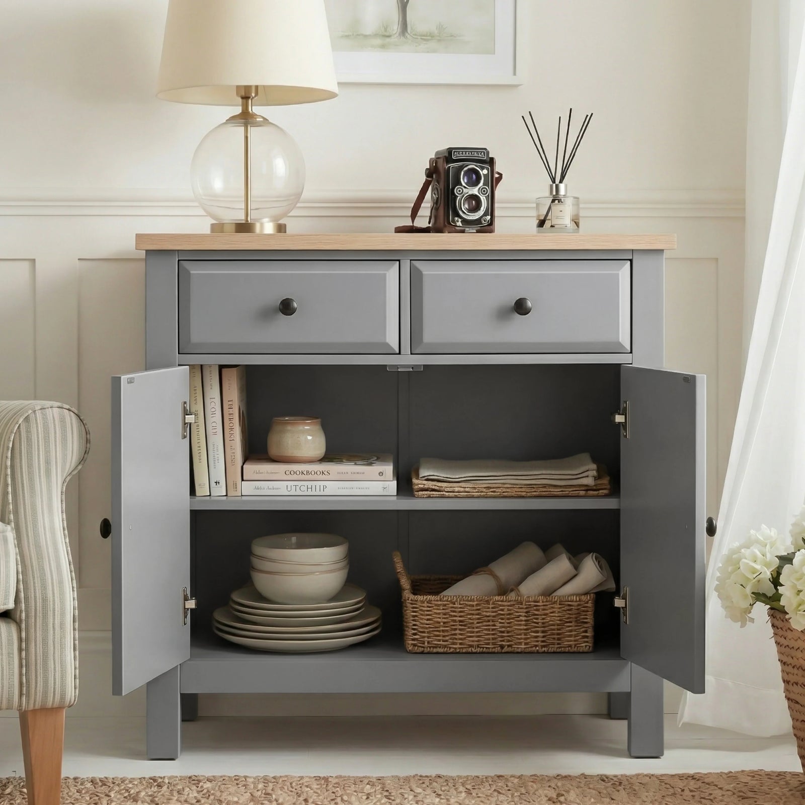 [Grey] Haven 80cm sideboard front view with doors open in a styled room showing interior shelf and accessories