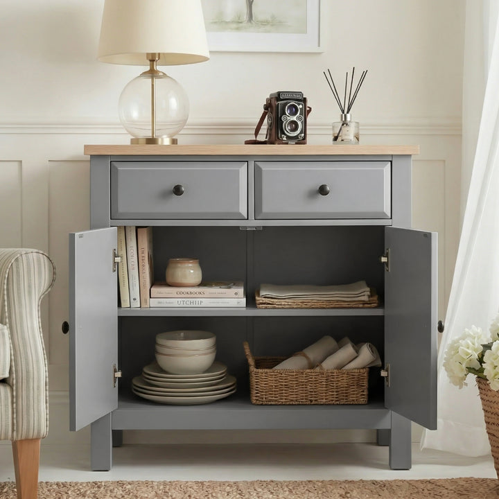 [Grey] Haven 80cm sideboard front view with doors open in a styled room showing interior shelf and accessories