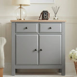 [Grey] Haven 80cm sideboard front view in a styled room with decorative objects arranged on oak veneer top