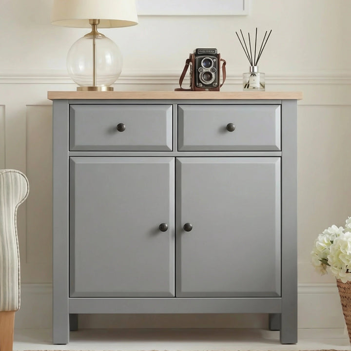 [Grey] Haven 80cm sideboard front view in a styled room with decorative objects arranged on oak veneer top