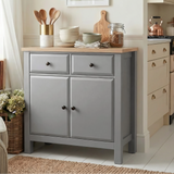 [Grey] Haven 80cm sideboard in a kitchen setting with crockery and accessories displayed on oak veneer top