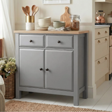 [Grey] Haven 80cm sideboard in a kitchen setting with crockery and accessories displayed on oak veneer top