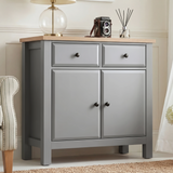 [Grey] Haven 80cm sideboard main front view showing painted panel doors, bar handles and oak veneer top panel