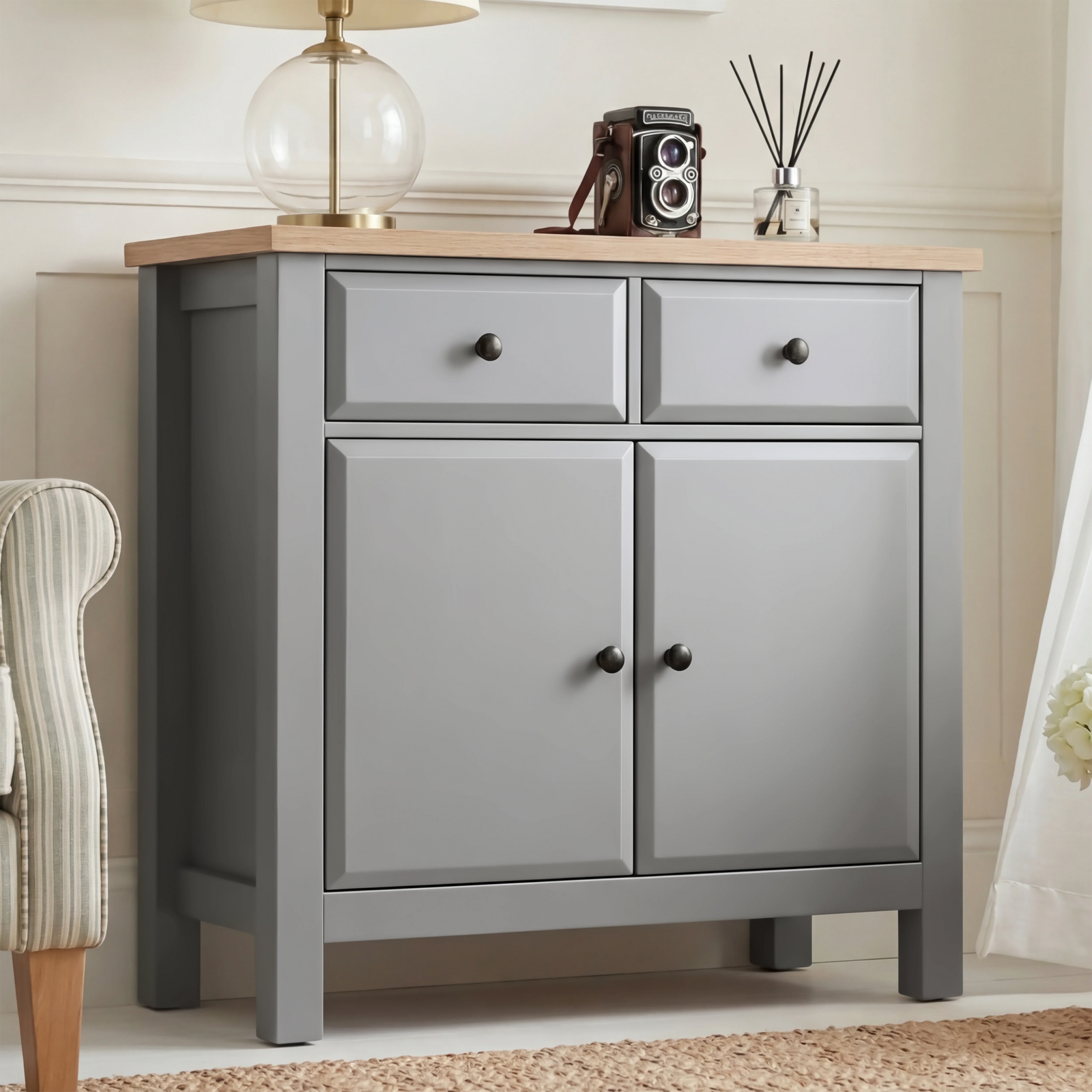 [Grey] Haven 80cm sideboard main front view showing painted panel doors, bar handles and oak veneer top panel
