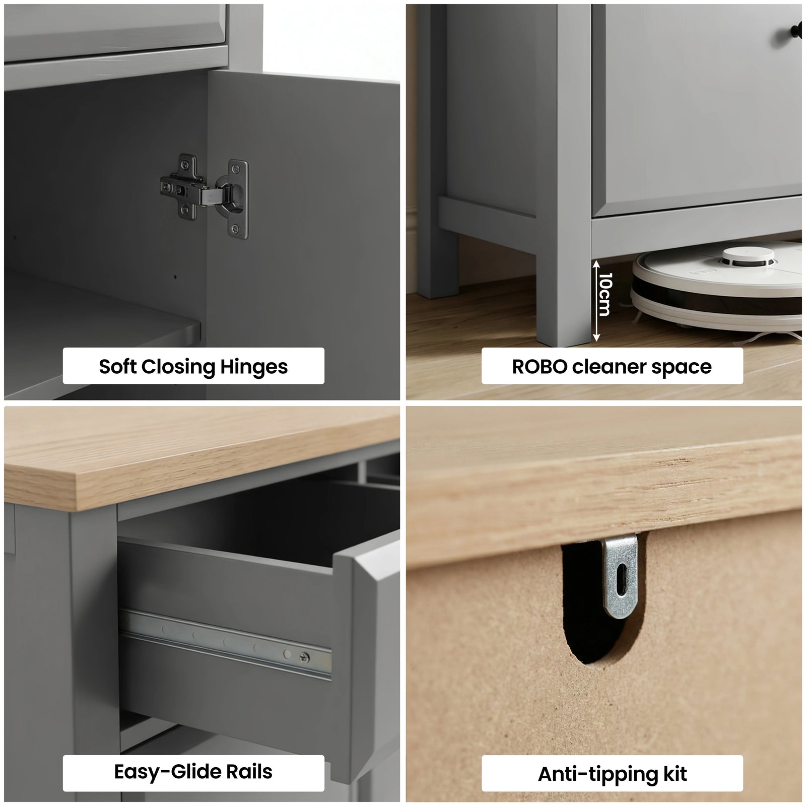 [Grey] Four-tile graphic of Haven grey sideboard hardware: hinges, under-cabinet vacuum space, glides and anti-tip fitting