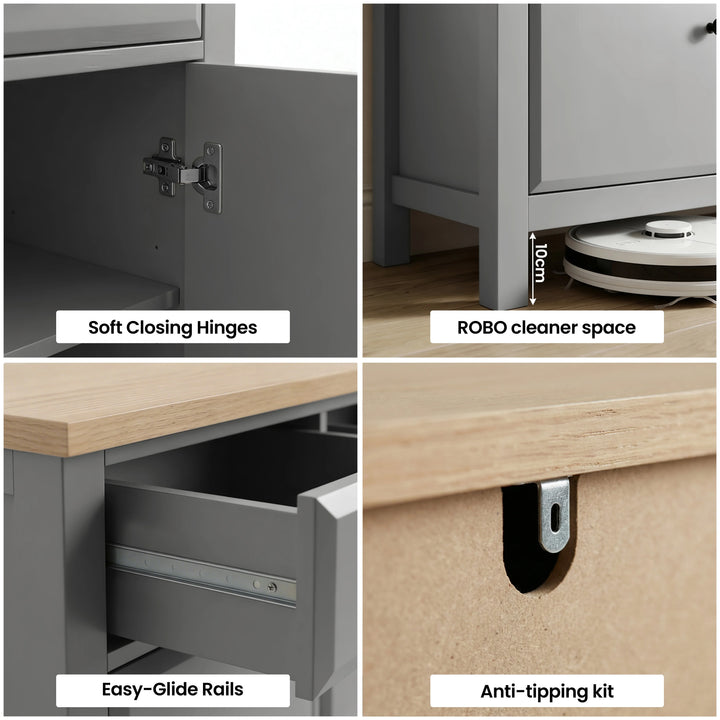 [Grey] Four-tile graphic of Haven grey sideboard hardware: hinges, under-cabinet vacuum space, glides and anti-tip fitting