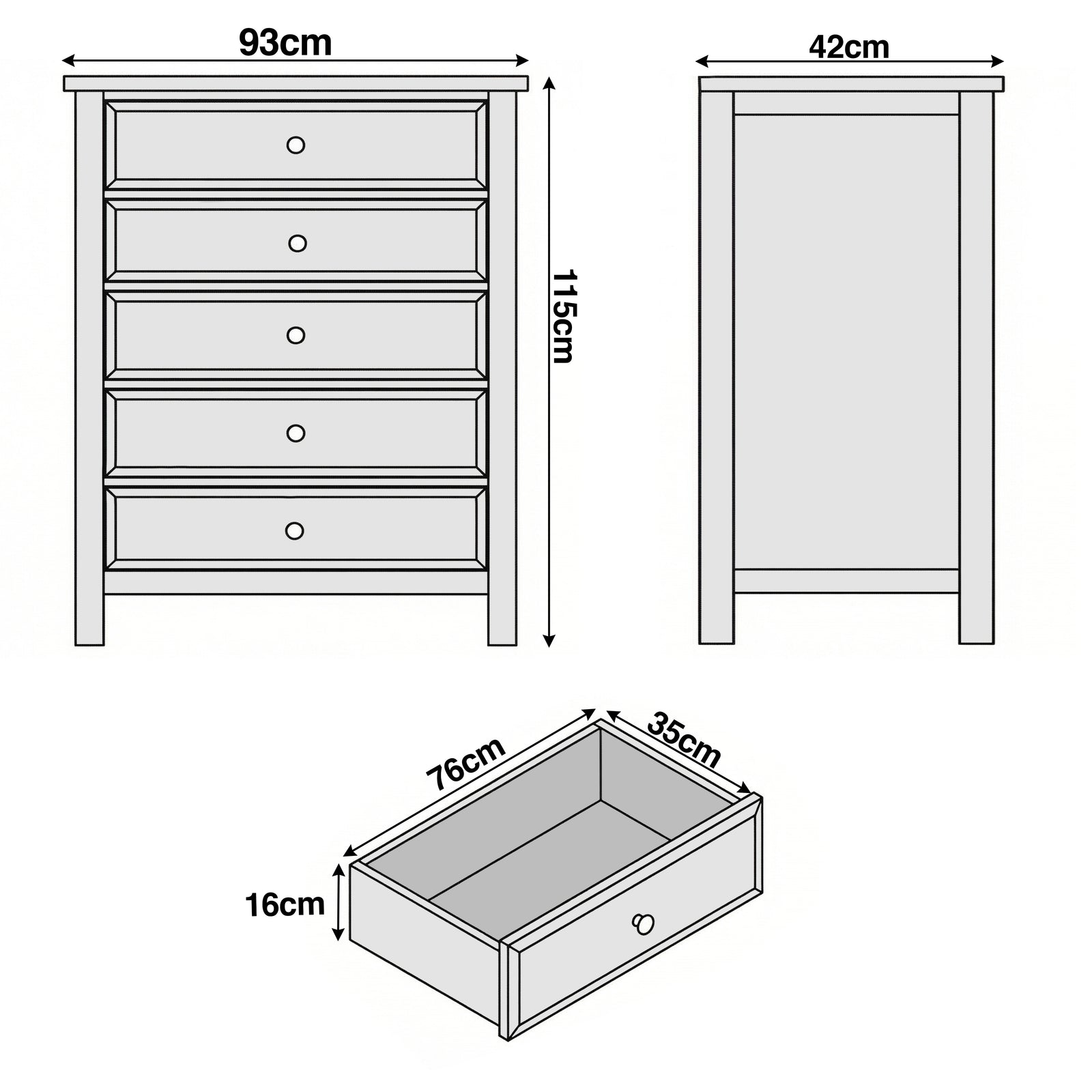 [Grey] Haven 5-drawer tall chest dimensions diagram showing W93cm x D42cm x H115cm with drawer depth measurements