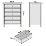 [Grey] Haven 5-drawer tall chest dimensions diagram showing W93cm x D42cm x H115cm with drawer depth measurements