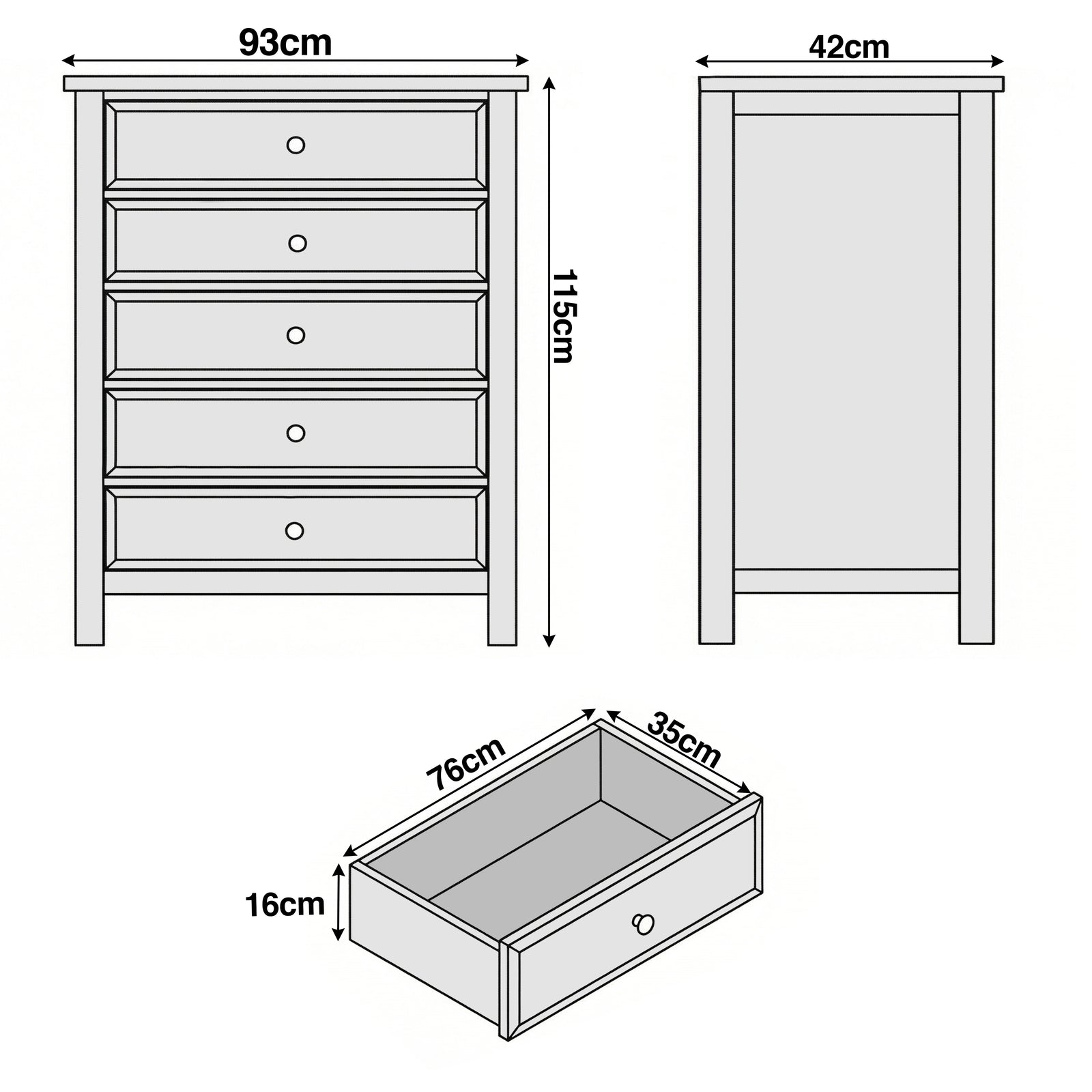 [Grey] Haven 5-drawer tall chest dimensions diagram showing W93cm x D42cm x H115cm with drawer depth measurements
