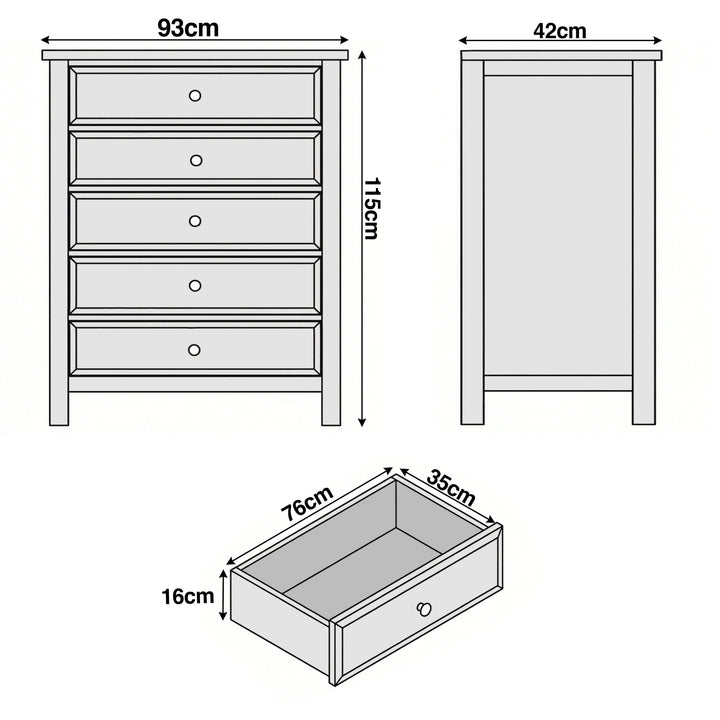 [Grey] Haven 5-drawer tall chest dimensions diagram showing W93cm x D42cm x H115cm with drawer depth measurements