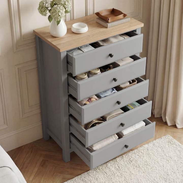 [Grey] Haven 5-drawer tall chest with all drawers open showing interior storage depth and oak veneer top surface