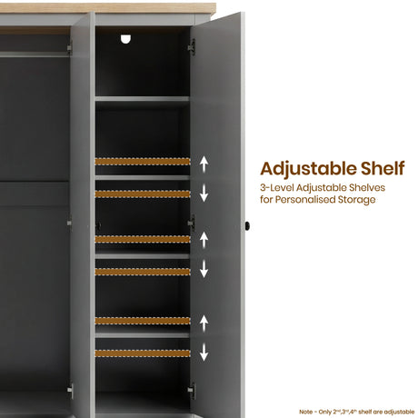 [Grey] Haven 3-door wardrobe interior close-up showing adjustable shelf positions with feature annotation overlay