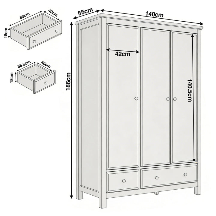 [Grey] Haven wardrobe dimensions 140 x 55 x 186 cm with 42 cm interior, 140.5 cm hanging, drawer 80x40x18
