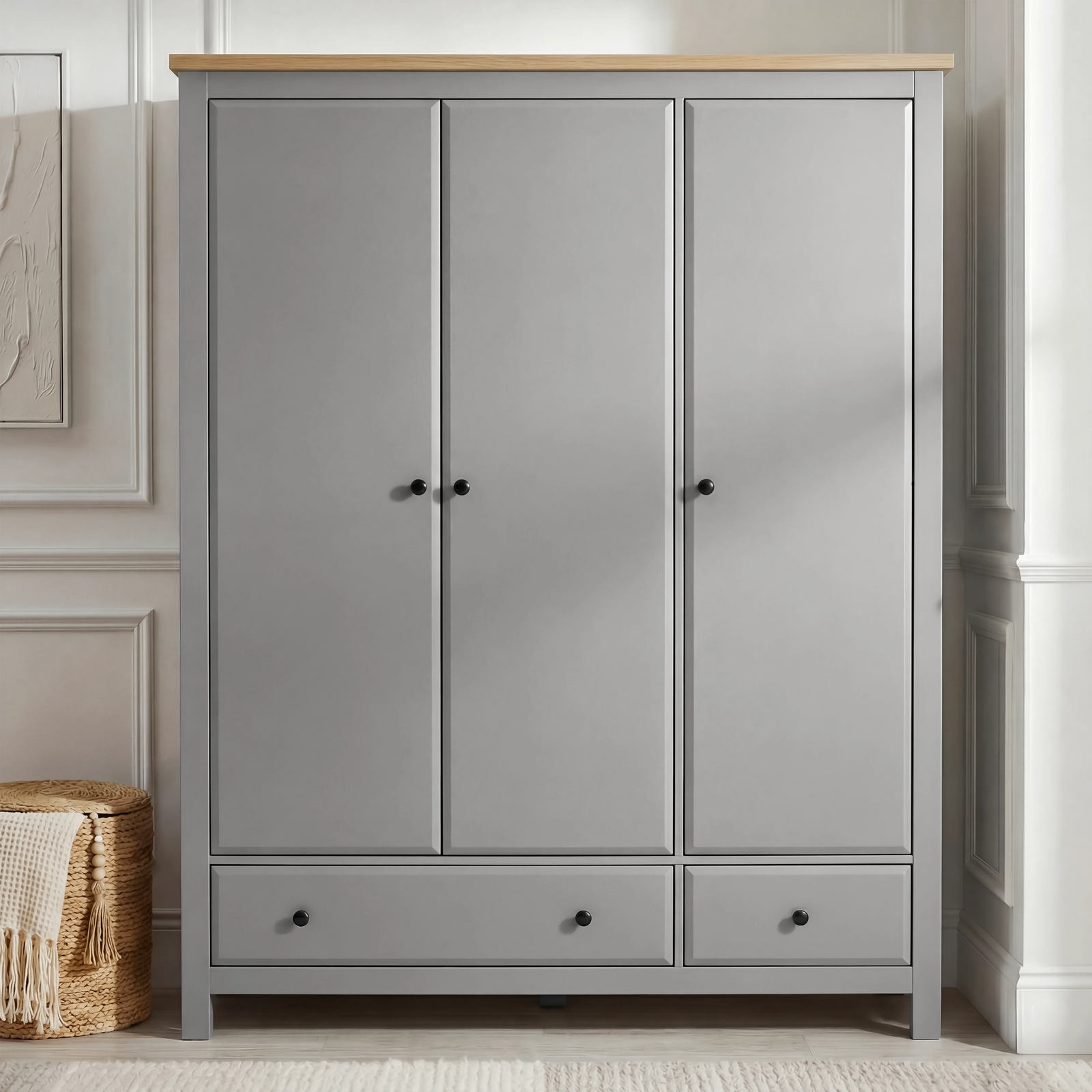 [Grey] Haven 3-door wardrobe front view in a neutral room with natural light across the closed panel doors