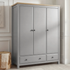 [Grey] Haven wardrobe front left angle showing three panel doors with round knobs and oak veneer top