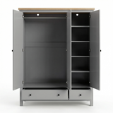 [Grey] Haven wardrobe with both outer doors open on plain background showing hanging space and side shelves