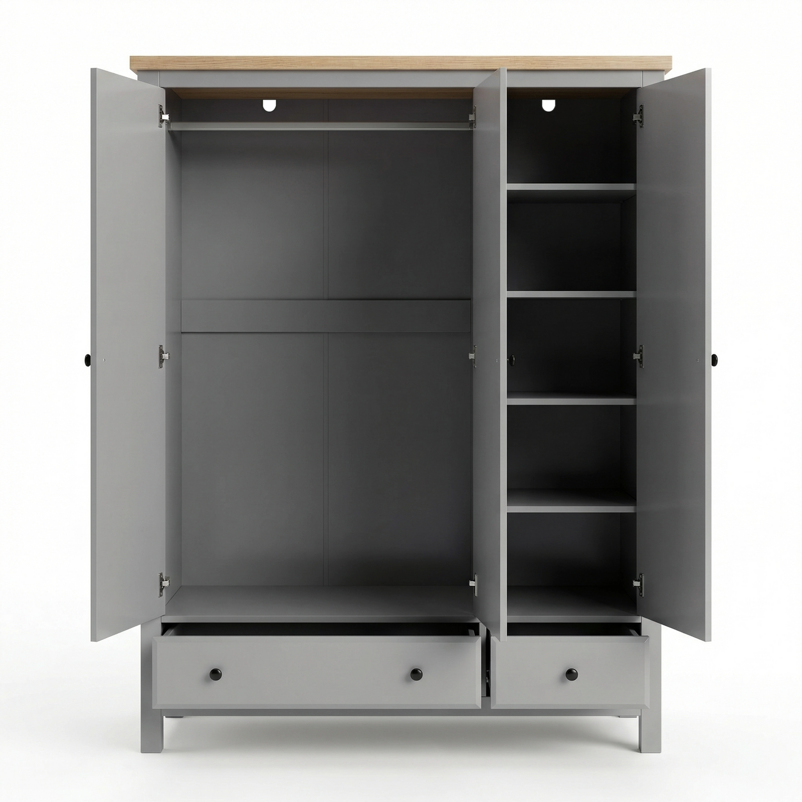 [Grey] Haven wardrobe with both outer doors open on plain background showing hanging space and side shelves