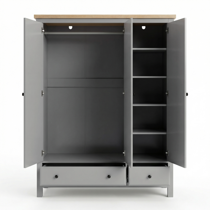 [Grey] Haven wardrobe with both outer doors open on plain background showing hanging space and side shelves