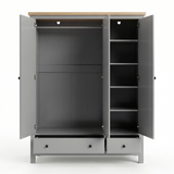 [Grey] Haven wardrobe with both outer doors open on plain background showing hanging space and side shelves