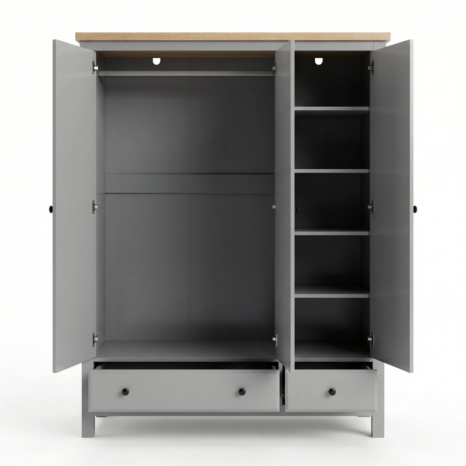 [Grey] Haven wardrobe with both outer doors open on plain background showing hanging space and side shelves