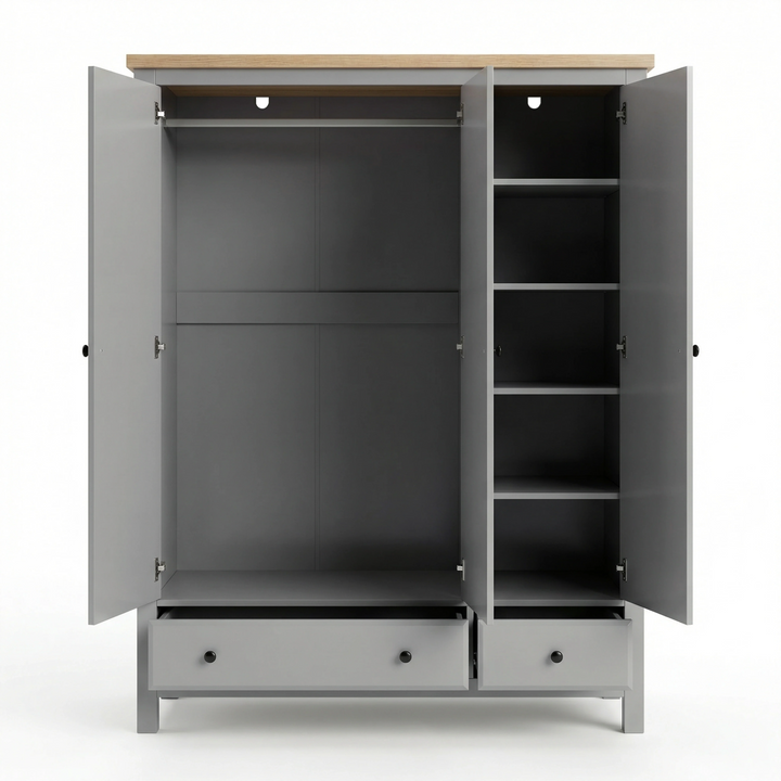 [Grey] Haven wardrobe with both outer doors open on plain background showing hanging space and side shelves