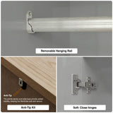 [Grey] Haven wardrobe construction details showing rail mount, anti-tip wall fixing and door hinge mechanism