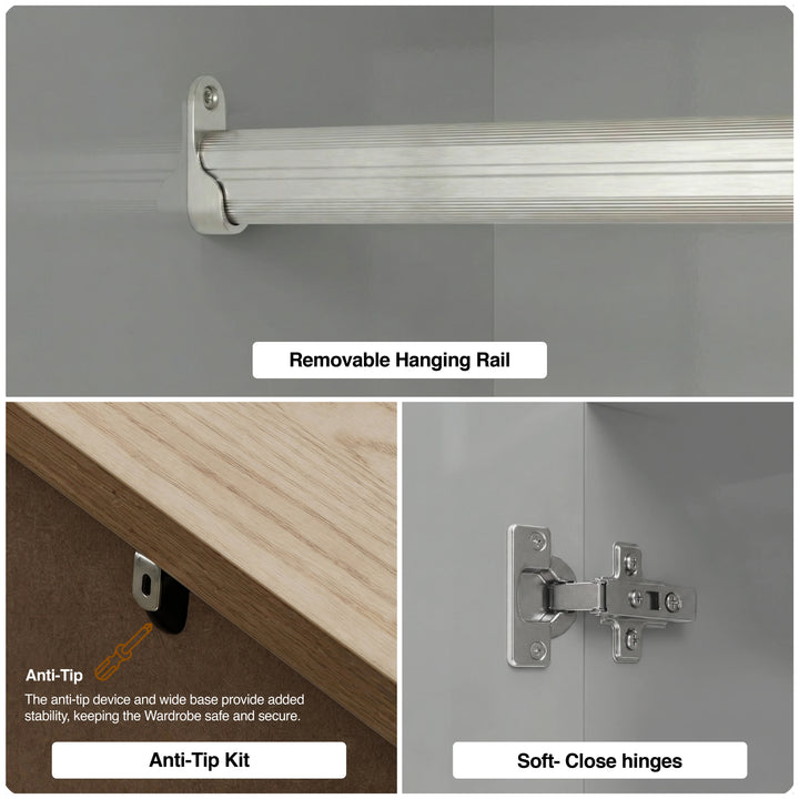 [Grey] Haven wardrobe construction details showing rail mount, anti-tip wall fixing and door hinge mechanism