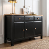 [Black] Haven Large Black Sideboard with Drawers & Oak Top, Painted Finish shown from an elegant low angle.