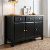 [Black] Haven Large Black Sideboard with Drawers & Oak Top, Painted Finish shown from an elegant low angle.