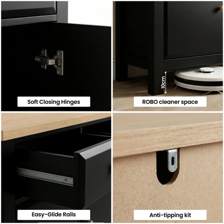 [Black] Haven sideboard details panel with hinge close-up, under-cabinet 18 cm clearance and drawer rail