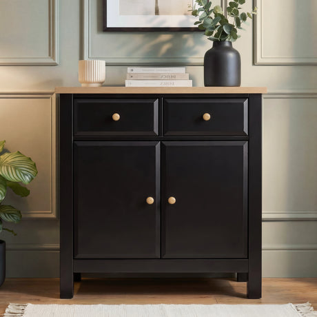 [Black] Haven sideboard front elevation with 2 top drawers, 2 lower doors and round knob handles