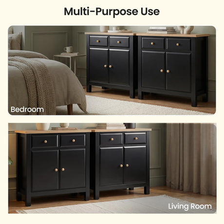 [Black] Haven sideboard Multi-Purpose Use image showing same unit in bedroom and living room settings side by side