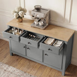 [Grey] Haven Large Black Sideboard with Drawers & Oak Top high-angle view with three top drawers open.