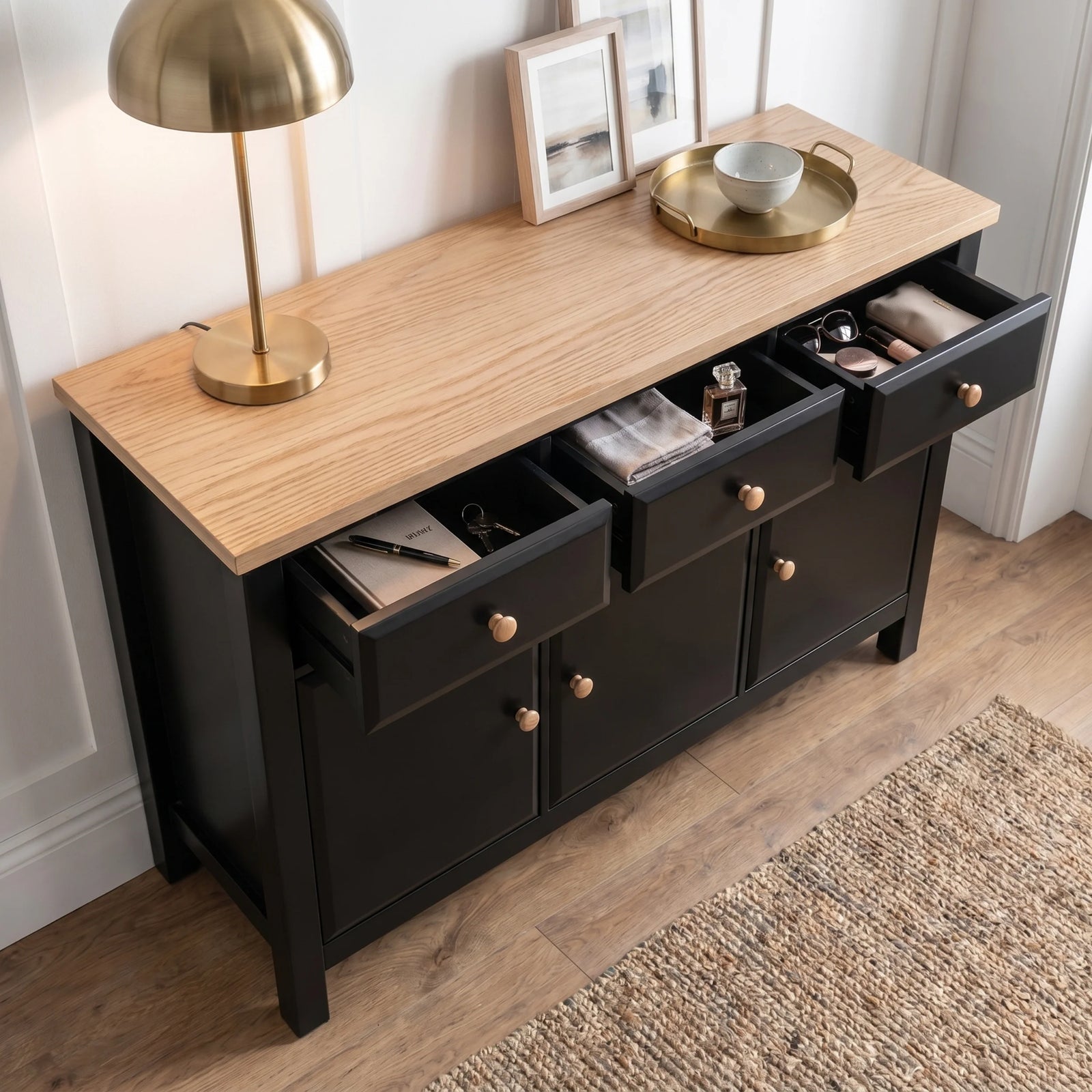 [Black] Haven Large Black Sideboard with Drawers & Oak Top, Painted Finish highlighting the top three drawers pulled open.