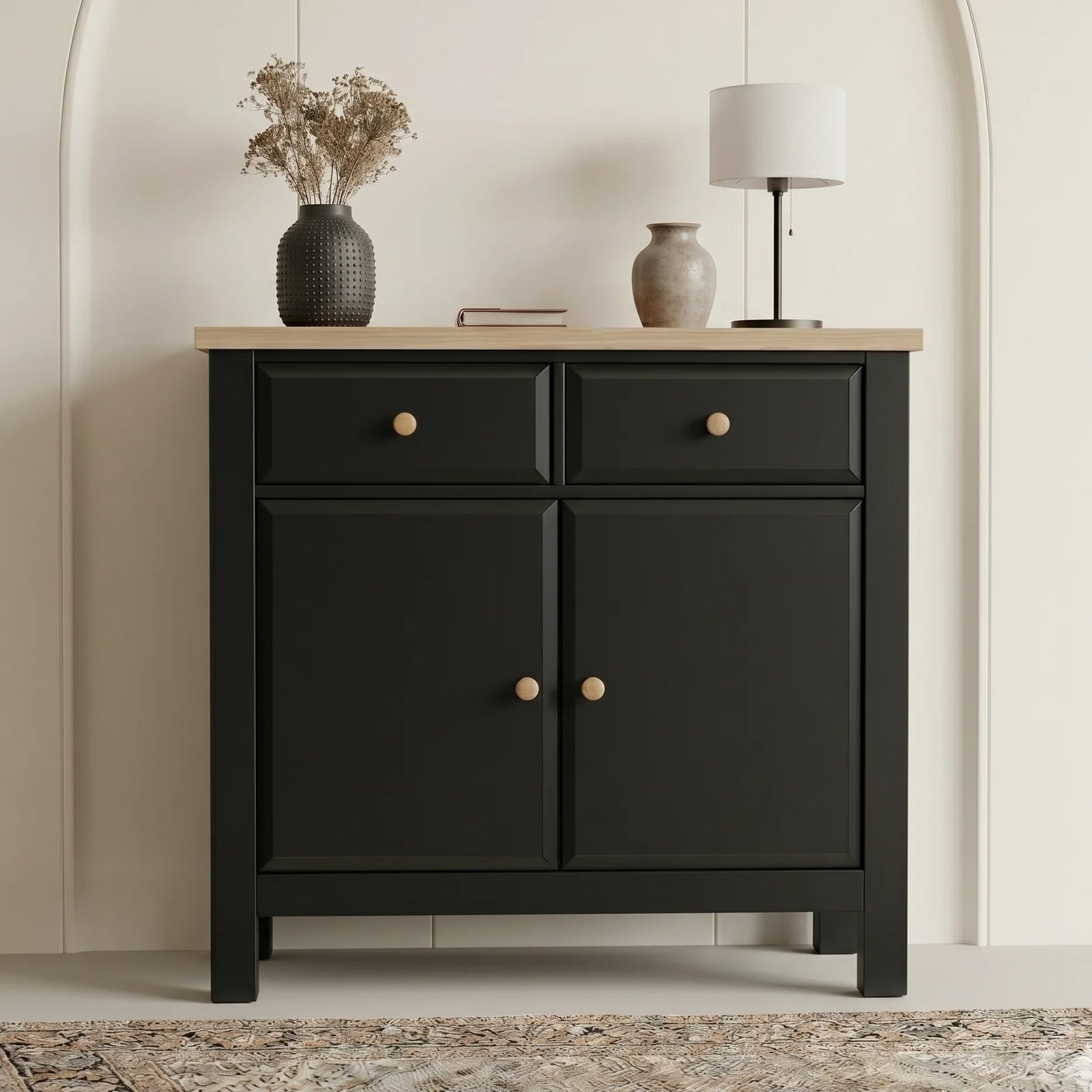 [Black] Haven Small Black Sideboard with Drawers & Oak Top, Painted Finish shown straight-on with a table lamp and vase on top.