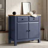 [Blue] Haven Small Blue Sideboard with Drawers & Oak Top, Painted Finish shown from an angled side view.