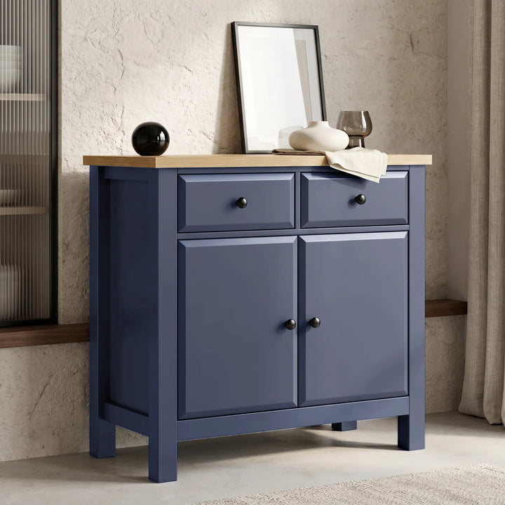 [Blue] Haven Small Blue Sideboard with Drawers & Oak Top, Painted Finish shown from an angled side view.