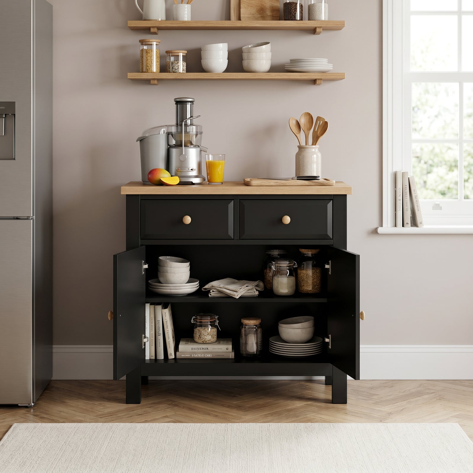 [Black] Haven Small Black Sideboard with Drawers & Oak Top, Painted Finish kitchen storage layout with both cupboard doors fully open.
