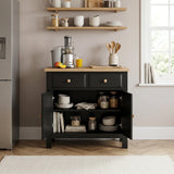 [Black] Haven Small Black Sideboard with Drawers & Oak Top, Painted Finish kitchen storage layout with both cupboard doors fully open.
