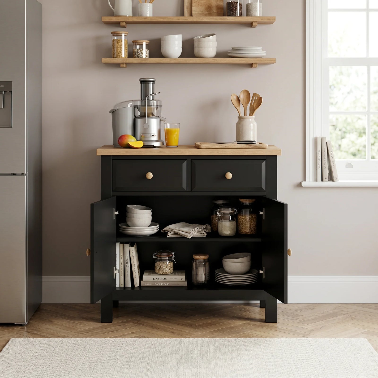 [Black] Haven Small Black Sideboard with Drawers & Oak Top, Painted Finish kitchen storage layout with both cupboard doors fully open.